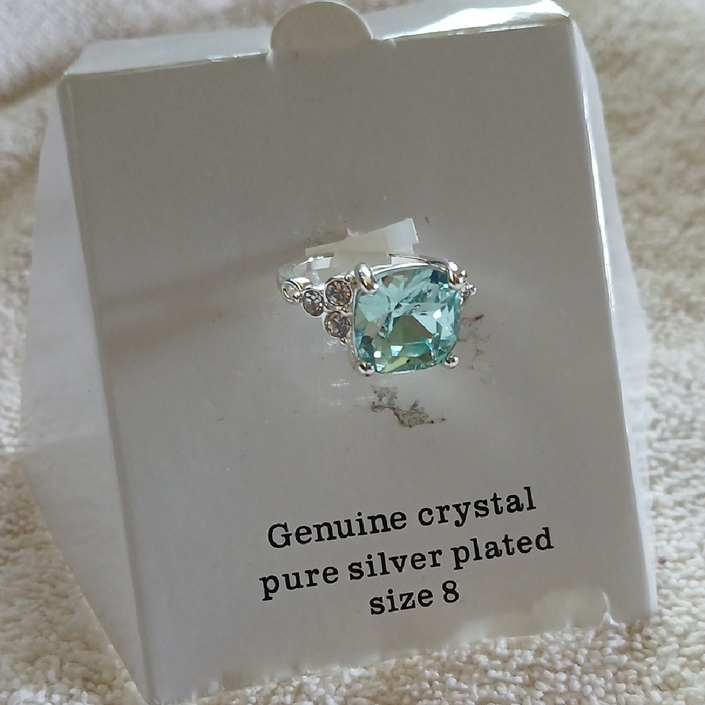 Silver and Blue Crystal Ring with Geometric Cut